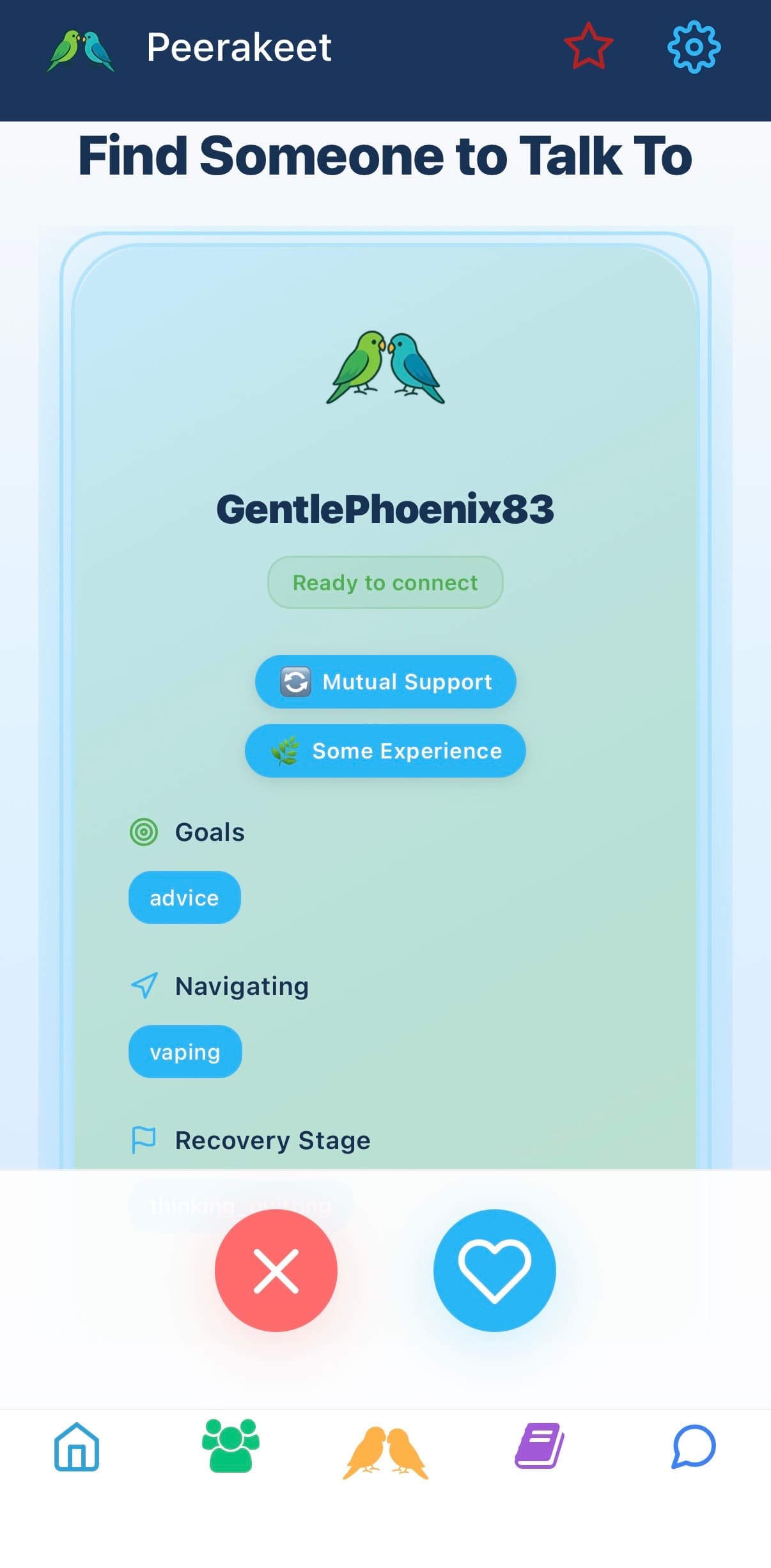 Peerakeet mobile app screen showcasing anonymous peer support conversations