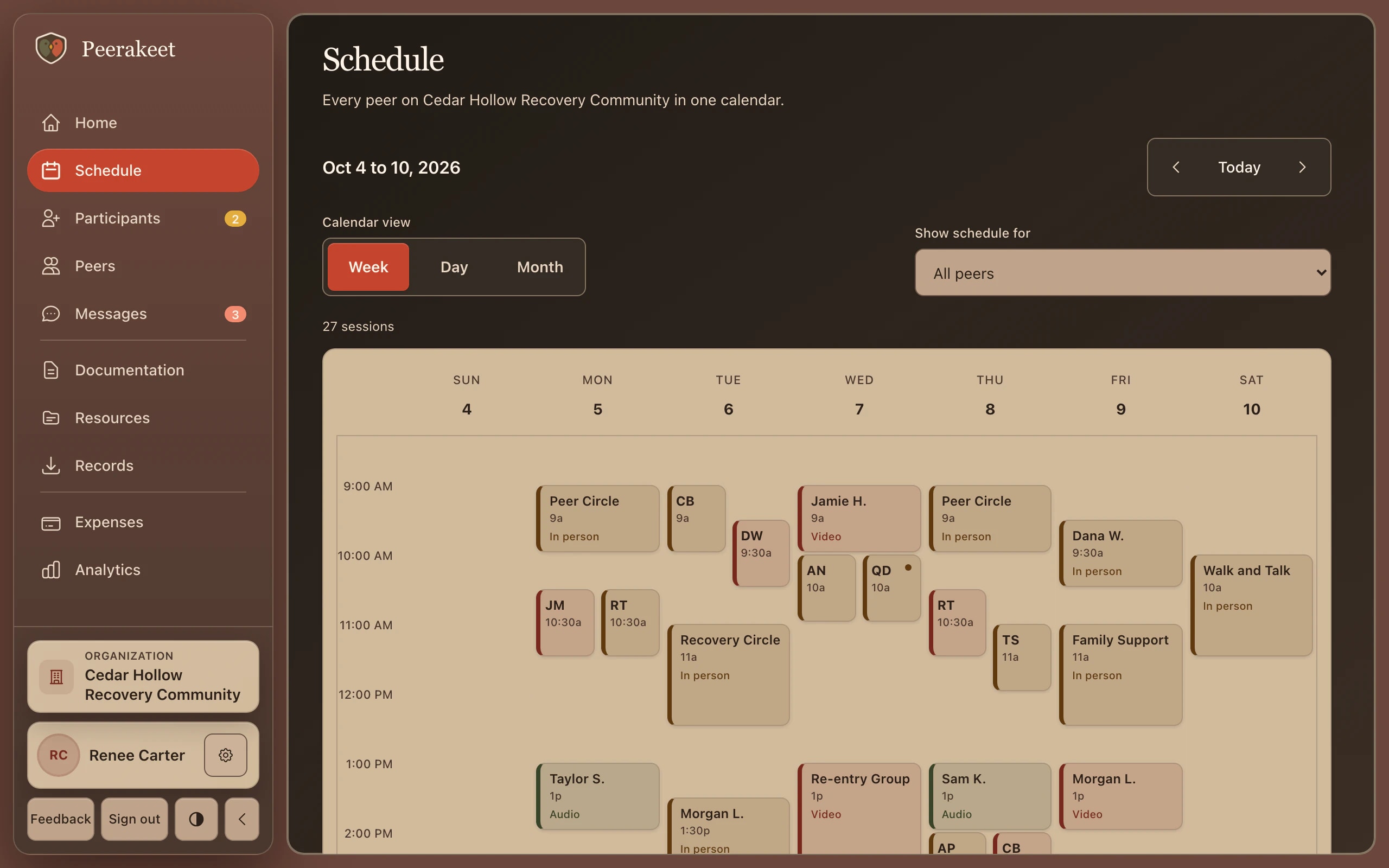 The Peerakeet team schedule for an example organization, showing a week of one-on-one sessions and groups, with navigation for participants, peers, messages, documentation, records, and analytics.
