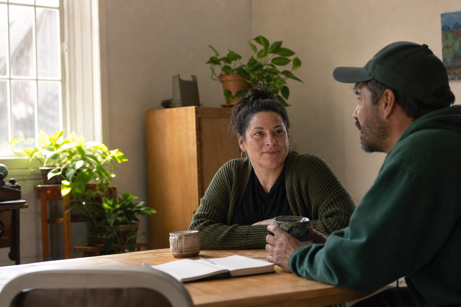 A peer support specialist and participant sharing a quiet conversation at a community table.